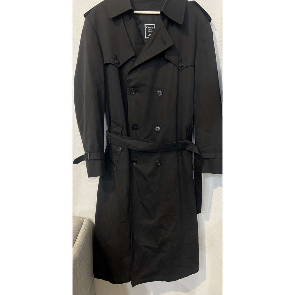 Christian Dior 44 LONG BLACK Monsieur Trench Coat Classic with Zip-in Wool Liner